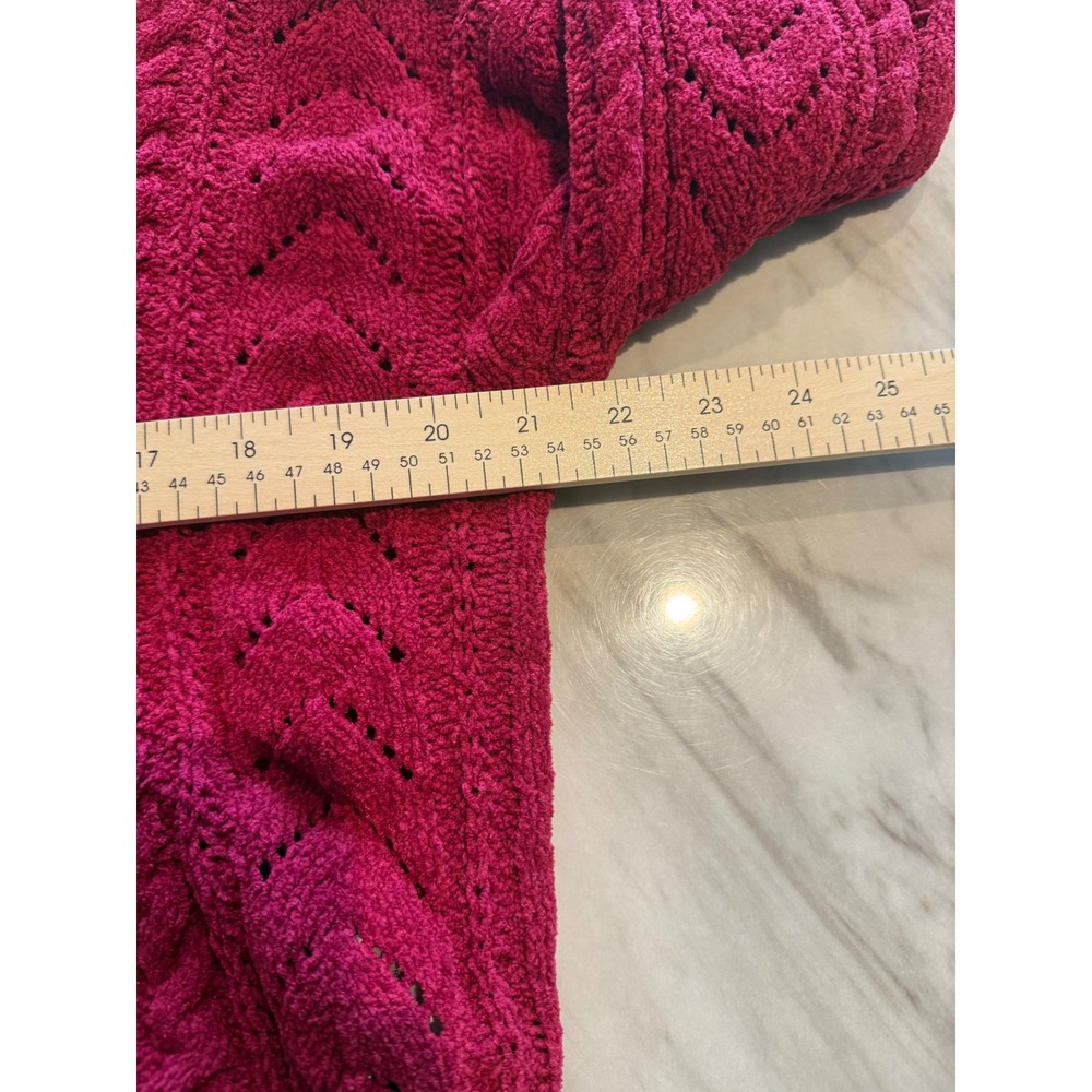 Magenta Chenille Cable Knit Cropped Sweater Pointelle Berry Pink Long Sleeve L - Picture 5 of 7